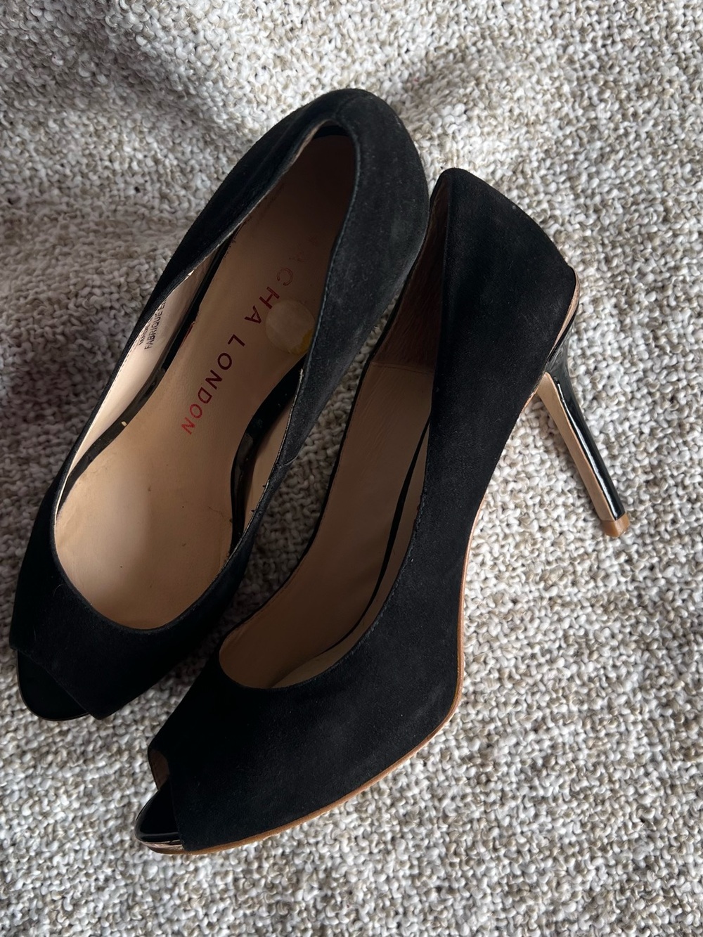 Size 10 - Sacha London "Patri" Black Suede Peep Toe Stiletto Heels